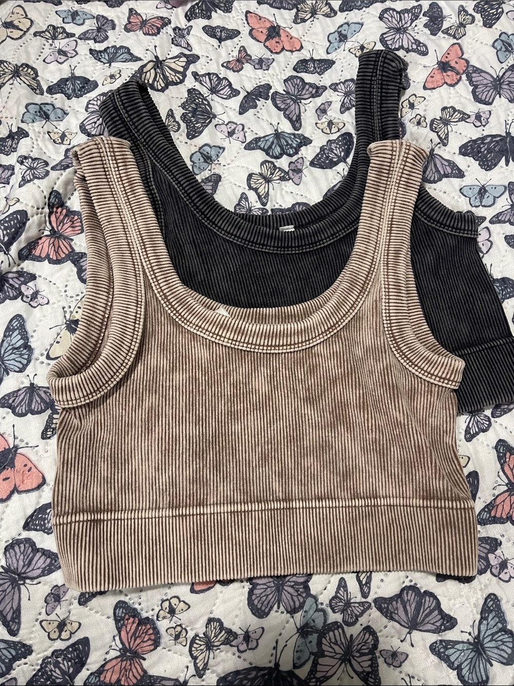 Zenana Outfitters Ribbed Bralette Crop Tank- Dusty Blue & Beige Washed Out